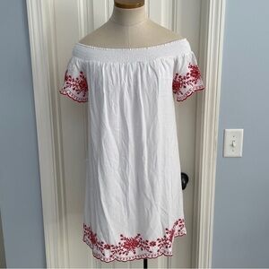 She + Sky Small Mini Dress ~ White w/ Red Embroidered Off Shoulder BOHO